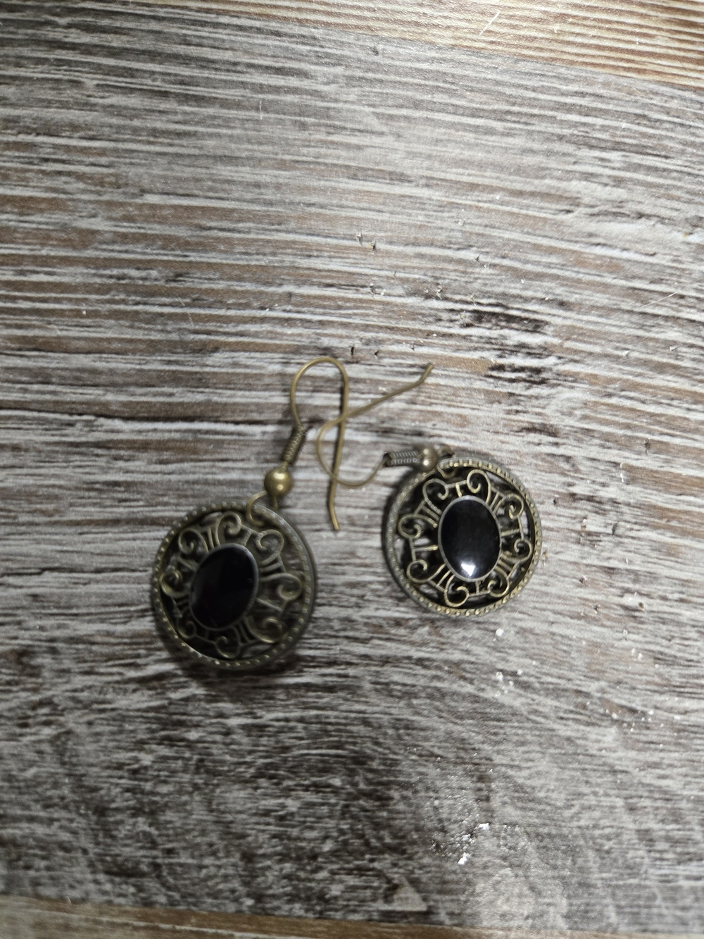 Antique Gold Filigree Drop Earrings with Black Oval Stone